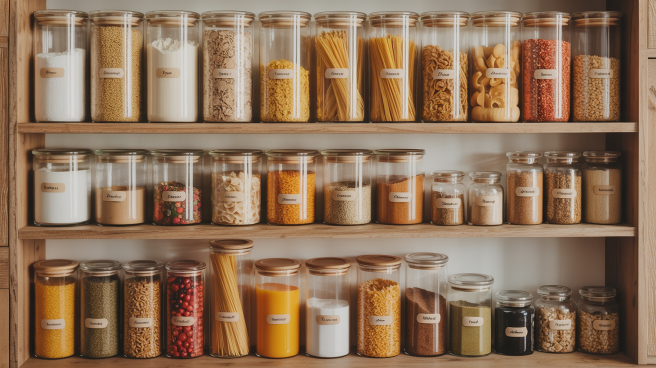 Despensa organizada con contenedores de cristal transparente de distintos tamaños con cereales, pasta y especias en estantes de madera